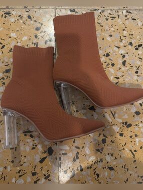 SHEIN (just one use) Rust-Brown Knit Sock Boots with Clear Block Heels